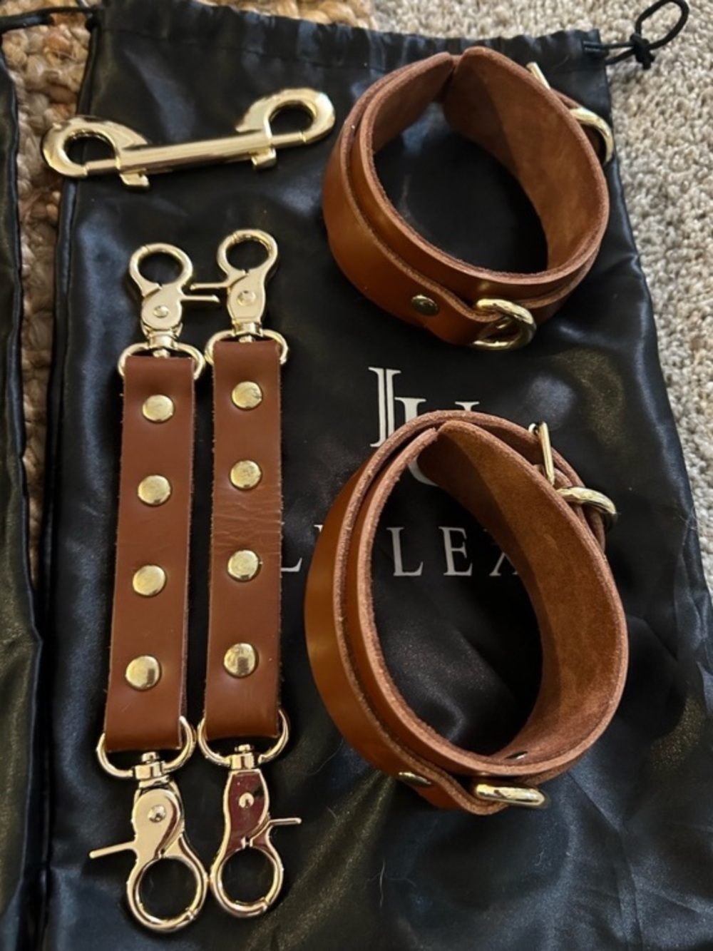 Leather play wrist ankle handcuff collar leash set